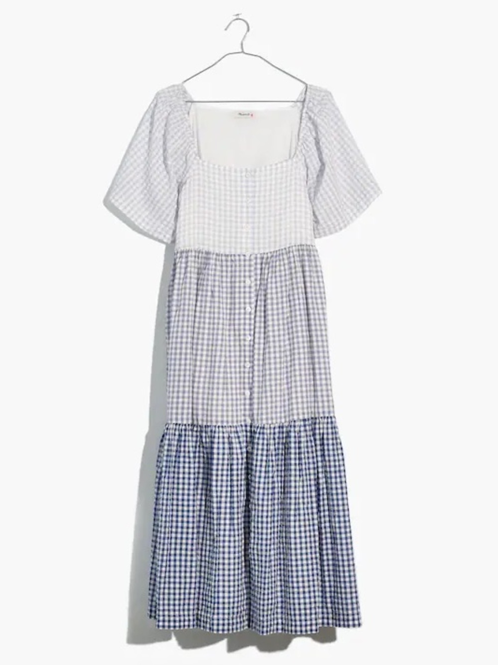 Madewell Patchwork Gingham Button Front Tiered Midi Dress Lavender Medium